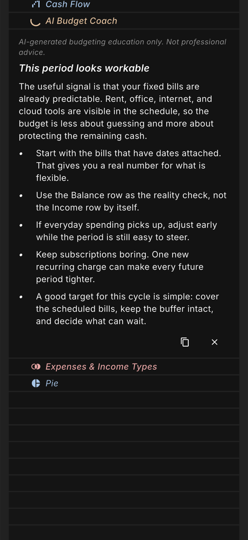 numbus ai budget coach guidance with educational suggestions for the current period.