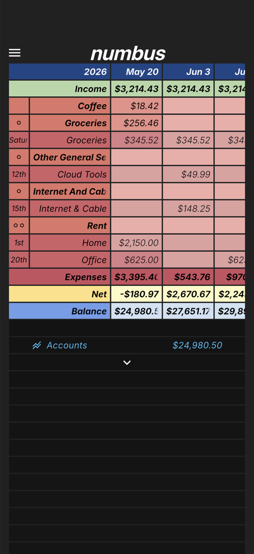 numbus budget grid showing income, expenses, net, balance, and accounts.