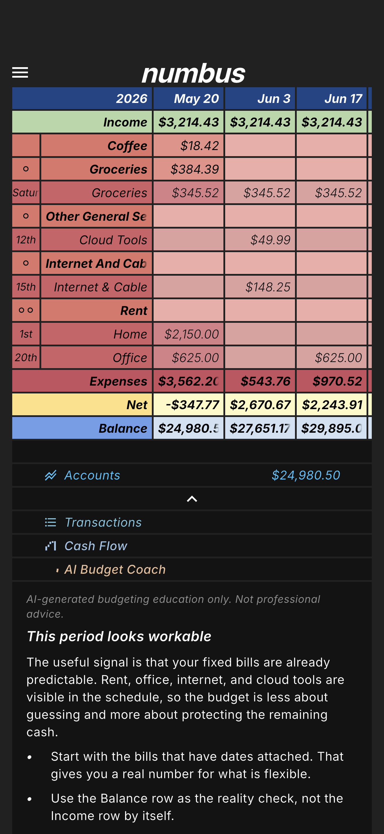 numbus home screen with the ledger menu open to the ai budget coach entry.
